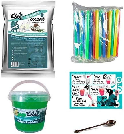Wild Monk Bubble Tea Kit - Make at Home DIY Bubble Tea - Coconut Bubble Tea Powder with Lemon-Lime Juice Pobbles and Tools (Bubble Tea Chunky Straws Included) (33-40 Servings)