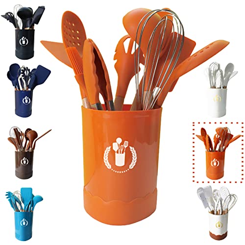 BRIIEC Orange Silicone Kitchen Cooking Utensils Set, Heat Resistant Silicone Kitchen Gadgets Utensils Set with Wooden Handle,Silicone Spoons Spatula Whisk with Holder for Nonstick Cookware