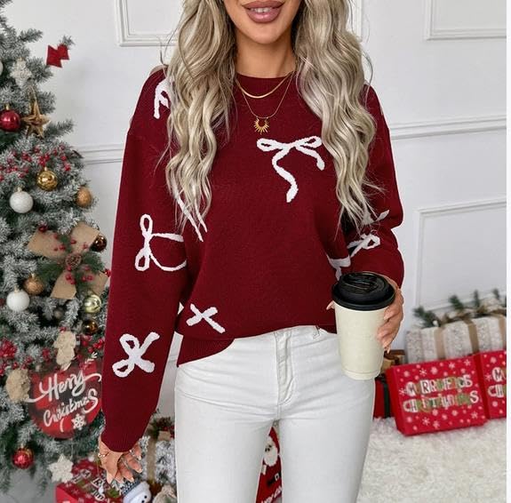 Image of Women Cute Bow Knit Sweater Y2k Long Sleeve Crew Neck Knitted Pullover Top Oversized Going Out Fall Winter Knitwear