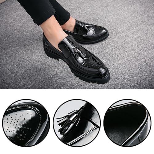 Men's Patent Leather Platform Slip-On Penny Loafers Shoes, Fashion Round Toe Tassel Non-Slip Lug Sole Dress Shoes,for Party Dating Prom3