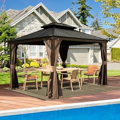 Domi 10’ x 12’ Outdoor Hardtop Gazebo, Upgraded Metal Gazebo with Galvanized Steel Double Roof, Heavy Duty Canopy Permanent Pavilion for Patio Lawn and Garden, Curtains and Netting Included, Brown