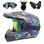 Full Face MTB Helmet, with Goggles Mask Gloves, Motocross Helmet, Adult Motorcycle Crash Helmet for Dirt Bike MX Quad Downhill Enduro Racing(Blue,L(56-57cm))