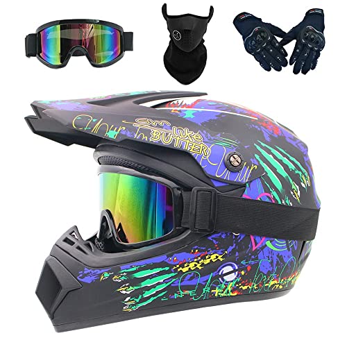 Full Face MTB Helmet, with Goggles Mask Gloves, Motocross Helmet, Adult Motorcycle Crash Helmet for Dirt Bike MX Quad Downhill Enduro Racing(Blue,M(54-55cm))