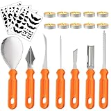 WROYGVY Halloween Kürbis Schnitzset, 7 Kürbis Schnitzen Set mit 4 schnitzvorlagen,10 Teelichter,Edelstahl Kürbis Schnitzwerkzeuge für Halloween DIY Handwerk für Kinder und Erwachsene
