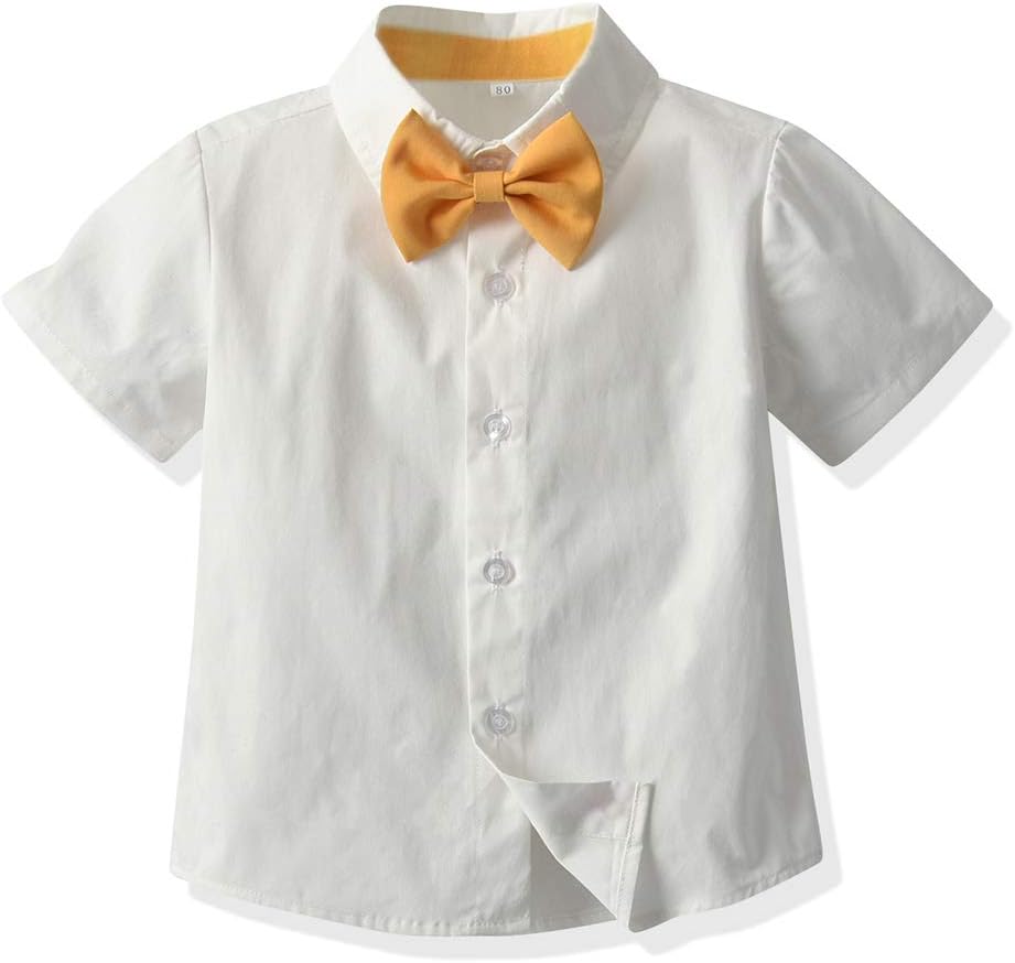 Toddler Kids Boys Gentleman Suit Short Sleeve Bowtie Shirt+Suspenders Shorts Outfits