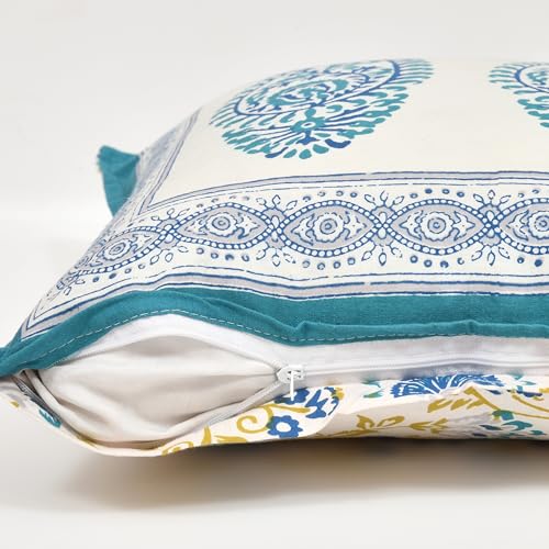 Image of BLOCKS OF INDIA Hand Block Printed Cotton 300 TC Cushion Cover (16 X 16 Inches) (Cushion 3),Blue