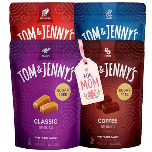 Tom & Jenny's Sugar Free Candy (Soft Caramel) with Sea Salt and Vanilla - Low Net Carb Keto Candy - with Allulose and Maltitol - (Flavor Variety Pack, 4-pack)
