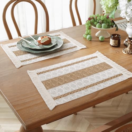 Image of HomeCloud Croshia Woven Table placemat - Heat Resistant, Washable Table Decoration for Dining, Office, Kitchen, Hotel, and Home (Rec White Beige, Set of 2)