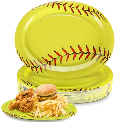 Ziliny 50 Pcs 10 x 12 Inch Oval Sports Theme Paper Plates Disposable Sports Birthday Party Supplies Sport Themed Party Tableware Baby Shower Cake Plates for Birthday Decorations(Softball)