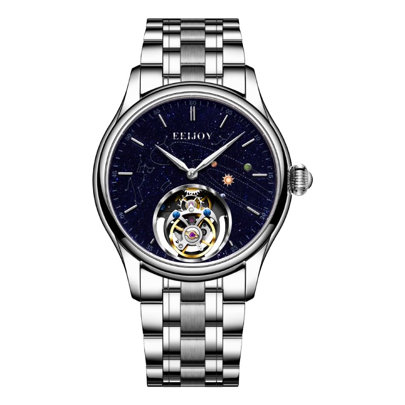EEIJOY Men's Genuine Flying Tourbillon Watch, Manual Winding Only, 40-42mm 316L Steel, Sapphire Crystal, Starry Sky Dial, Luminous Coating, 5ATM Water Resistant (50M), Steel and Leather Strap, Gift for Men Dad Husband Boyfriend