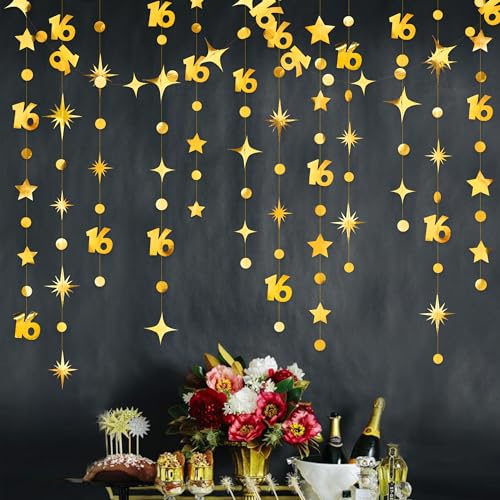 Image of Gold 16th Birthday Decorations Number 16 Circle Dot Twinkle Star Garland Metallic Streamer Banner Backdrop for Girls Boys Happy 16th Birthday Sweet Sixteen Anniversary Cheers to 16 Years Party Decor