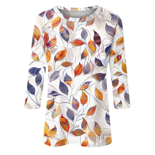 HTHLVMD Womens 3/4 Length Sleeve Tops 2025 Fall Fashion Floral Print Crewneck Causal Trendy Tunic Tops for Women