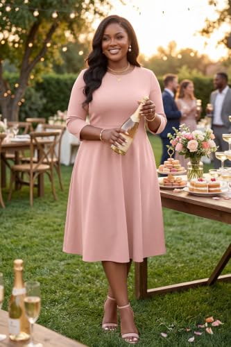 Image of Runwind Women's Plus Size Midi Dress Classy High Waist Wedding Guest Dress Casual Crew Neck 3 /4 Sleeve A-Line Swing Dresses