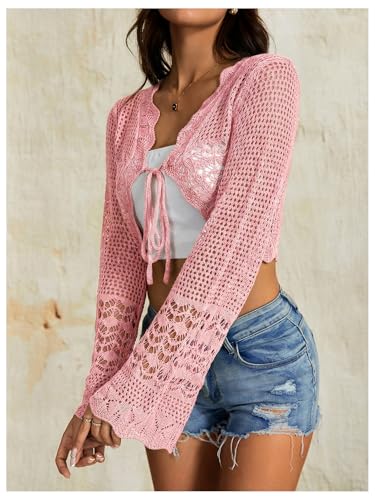 Image of OYOANGLE Women's Crochet Tie Front Sweater Cardigans Bell Sleeve Knitted Cropped Bolero Shrug Cardigan
