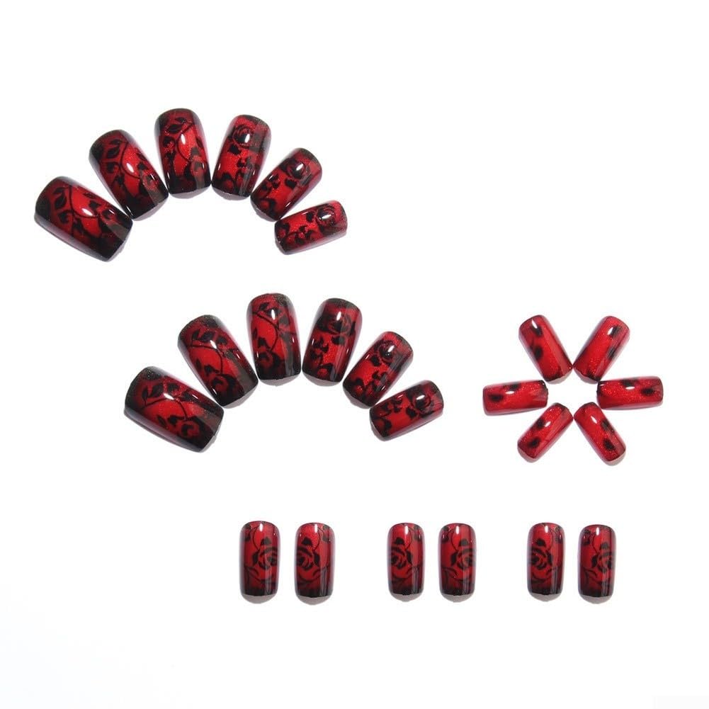 Uñas Postizas Cuadradas Góticas Flores Uñas Postizas Cuadradas