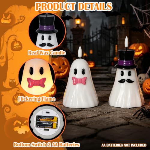 Image of Halloween Flameless Ghost Candles Spooky Ghost Decor, 2PCS | Halloween Decor Indoor, Halloween Decorations, Real Wax, Hand Painted, 6H Timer, Halloween Candles Battery Operated