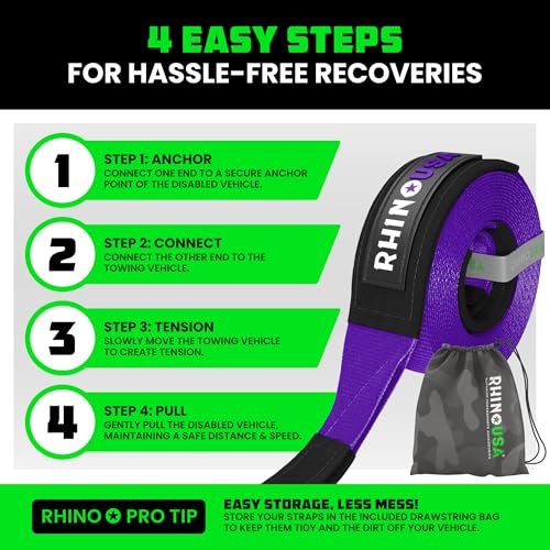 Image of Rhino USA Recovery Tow Strap (3 inch x 20') - 31,518lb Break Strength - Emergency Recovery Strap Tow Rope for Truck, UTV, ATV & More - Heavy Duty Towing Strap for Offroad 4x4 Use - Compatible with Jeep
