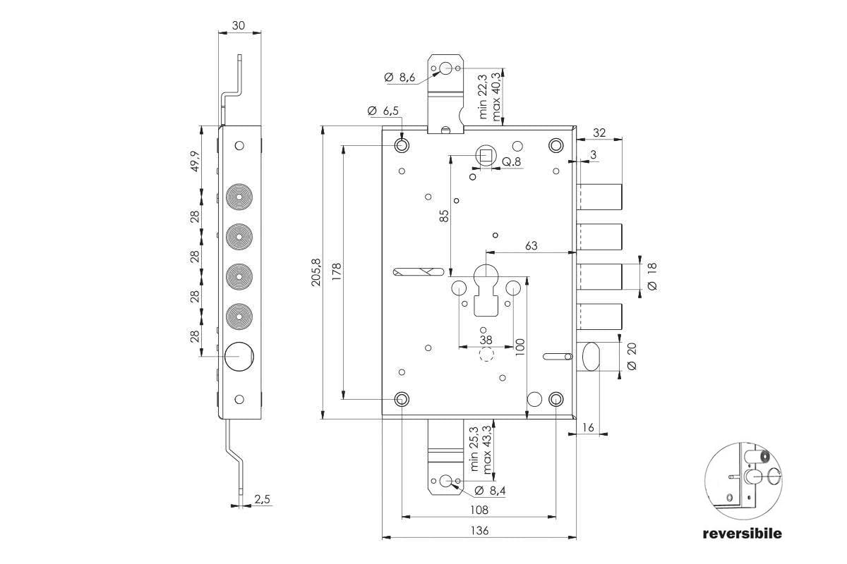 AERREGI SERRATURA BLINDATA INTERASSE 28 mm CON ENTRATA 63 mm A DOPPIA MANDATA | MASSIMA SICUREZZA | SERRATURA PER PORTE BLINDATE REVERSIBILE