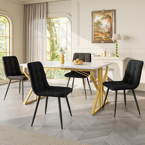 Merax Mesa de comedor 119 x 70 cm, patrón de mármol, estabilidad y diseño para 4-6 personas, marco de metal, patas ajustables, mesa rectangular, adecuada para restaurante, salón, cocina, blanco/dorado