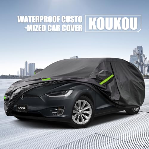 Image of KouKou Waterproof SUV Car Cover Suitable for Tesla Model X from 2015 to 2025, 7 Layers Windproof All Weather Waterproof Outdoor Cover Sun Rain UV Dust Snow Protection. Black
