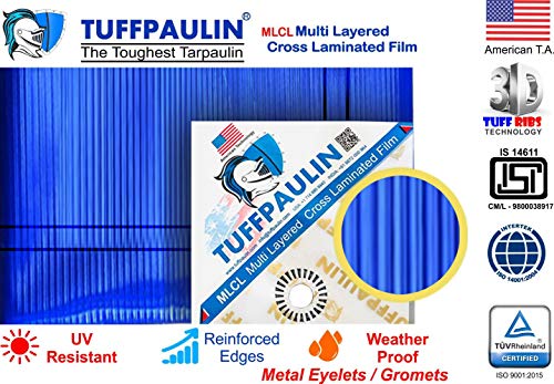 Image of TUFFPAULIN 12FT X 9FT 120 GSM Blue Heavy Duty Tarpaulin Tirpal Tadpatri Tharpai Thadika, Extra Strong, Eyelets, UV Resistant, 100% Waterproof Virgin, 6 Layer MLCL 3D Rib Technology-1 No.