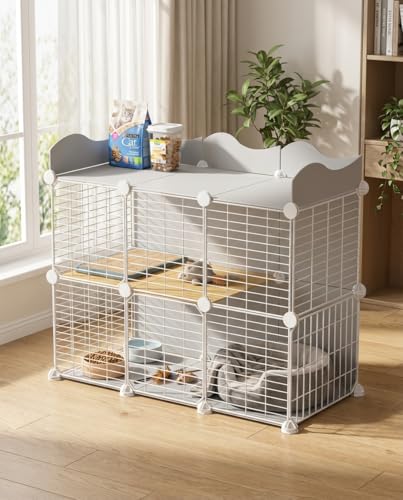 Cat Cage DIY Cat Enclosures Cat Playpen Indoor & Outdoor with Hammock & Cat Bowl Detachable Metal Wire Kennel Cats Crate 42 x 17.7 x 31