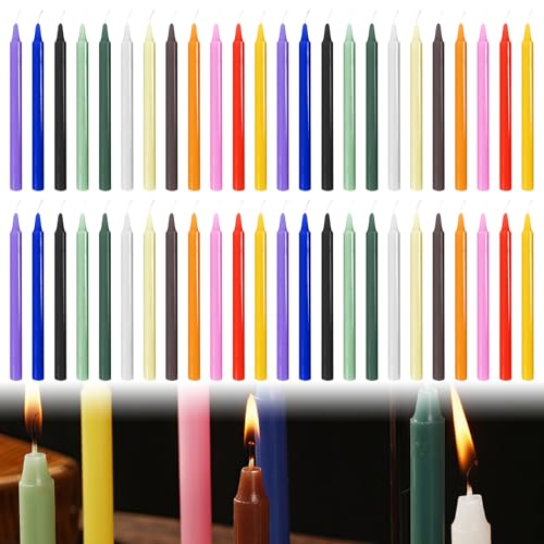 48 velas coloridas: pequeñas velas sin goteo, 15 cm de alto, velas puntiagudas, velas de candelabro para chimas, juego de velas, velas de colores, velas de varilla, colores pastel para comunidad