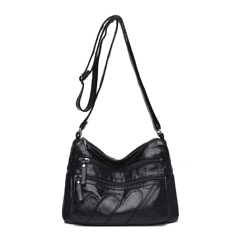 Bolsa Tiracolo Feminina em Couro PU Macio com Múltiplos Bolsos Padrão Pétalas Bolsa Transversal Casual(Preto 1)