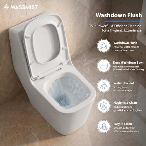 Image of WASSMIST Commode Toilet | One Piece Western Toilet for Bathroom with 10 Year Glaze Warranty | PP Soft Close Seat Cover | 225 mm S Trap