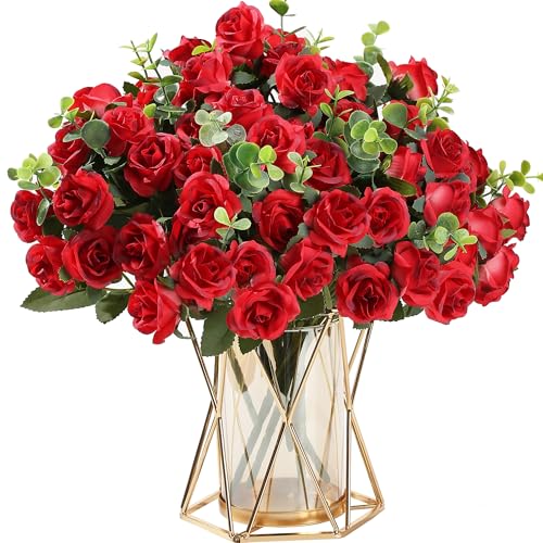 HNVNER 2 Bunches Artificial Flowers Red Fake Roses Silk Flowers Bouquets with Eucalyptus for Graves Outdoor Wedding Home Decor