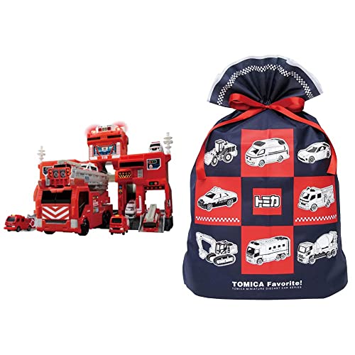 トミカ 変形出動 ! ビッグファイヤー & コマンドステーション + インディゴ タカラトミー トミカ ラッピング袋 ギフトバッグ4L ネイビー TA655 【クリスマス プレゼント ラッピング セット】
