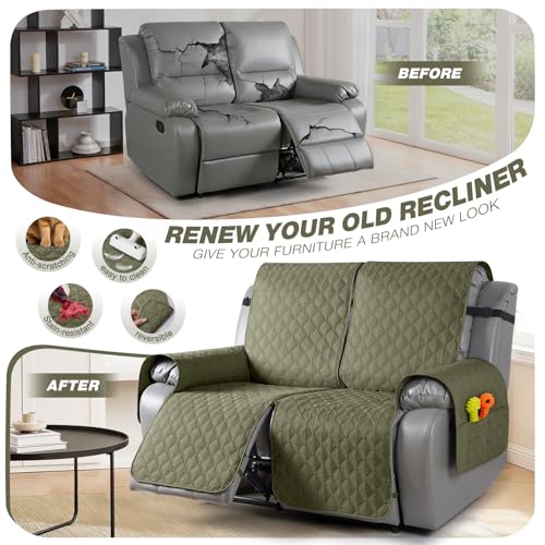 Image of TAOCOCO 100% Waterproof Recliner Covers, Recliner Sofa Covers with Leg Straps, Reversible Recliner Couch Cover for Reclining Chair, Washable Couch Protector for Pets Kids(2 Seater, Gray Green)