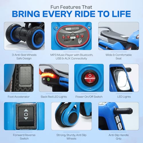 Image of Toyzone Roxie Kids Electric Bike (Blue)| Rechargeable Bike with 6V 4.5Ah Battery | MP3 /USB /BT Music & LED Lights| Smooth Acceleration | 6 Months Battery warranty, For Kids Age 2 to 8 Years, Upto 35 kg