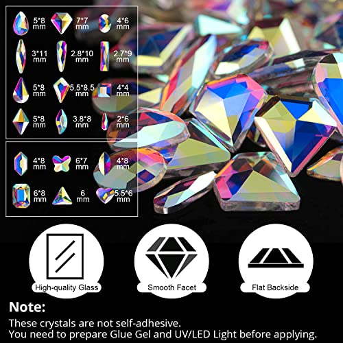 18 Styles Multi-Shaped Glass Gemstones For Nails And 6 Sizes Round Crystal Rhinestones Kit #1, Iridescent Ab Nail Art Charm Bead Manicure Decoration With Pickup Pencil And Tweezer #TOP1