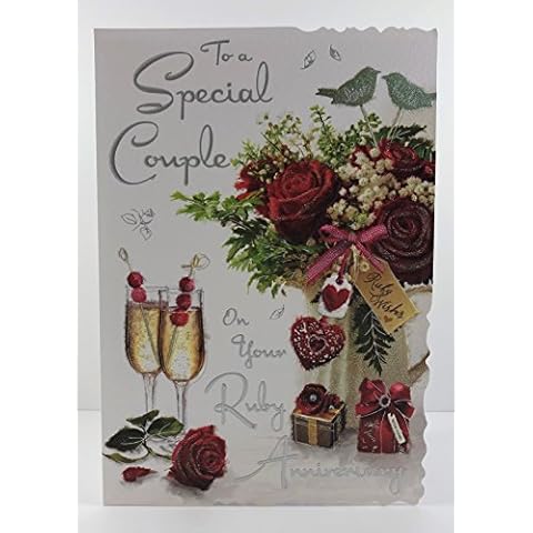 Illustrated Ruby Anniversary Card - (JJ9332) - Special Couple Ruby Anniversary - From The Velvet Range - Embossed With A Silver Foil & Flitter Finish Cover