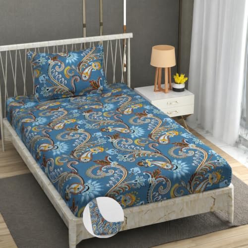 Image of Vram Premium Heavy Cotton Elastic Fitted Bedsheets with 1 King Size Pillow Covers || Single Bed with All Around Elastic 350 TC || 36 x 78 x 6 Inch Single Size Fitted || :- Blue Jaipuri