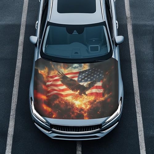 Image of Car Hood Cover,Eagle and American Flag Print Protector 59x39 Inch Stretchable Car Hood Wraps Auto Outdoor Decorations for Compact Sedans SUV Trucks Minivan