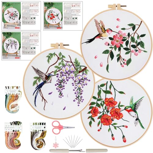 Image of Ohcol 3 Sets Hummingbird Embroidery Kit for Beginners Needlepoint Kits for Adults Cross Stitch Kits with Clear Instructions,Easy Funny Stamped Bird Patterns Fabric Hand Crafts