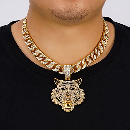 Idrupace Miami Mens Cuban Link Chain Silver Gold Plated Bling Cuban Necklace Diamond Chain For Men 13Mm Iced Out Chain Hip Hop Jewelry，8.5/18/24 Inch Length-With Metal Gift Box. (Gold Chain+Tiger Head Pendant, 18.0 Inches) #TOP1