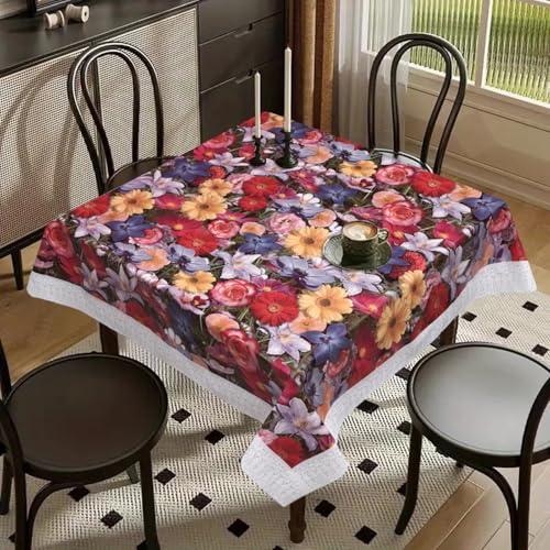 Image of Dakshya Industries PVC Waterproof Square Table Cover 48x48 Inch for 4 Seater Dining Table | Floral Printed Oilproof Stain Resistant Washable Plastic Table Cover, Math