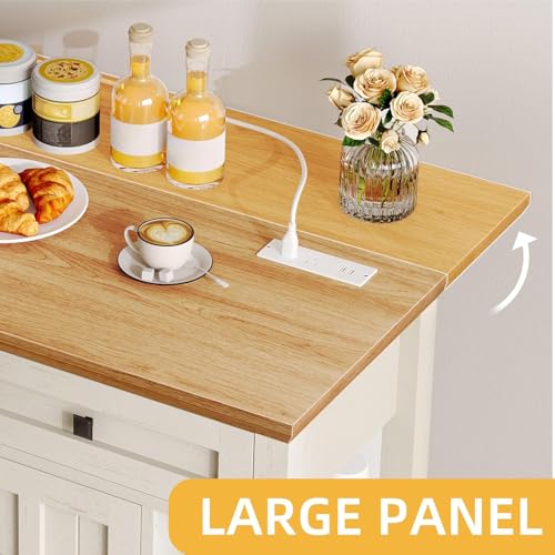 DWVO Rolling Kitchen Island with Drop Leaf, Mobile Storage Islands with Power Outlet Foldable Tabletop, 2 Drawers and Open Shelves, for Living Room, Dining Room, Off White