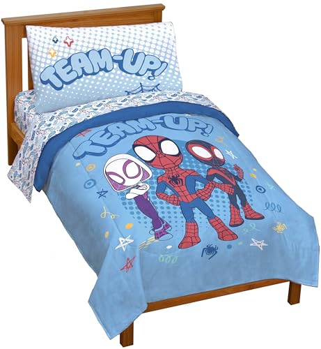Image of Marvel Spidey and Friends Toddler Size Comforter Set 4 Piece Bedding, Blue | Ghost-Spider, Kids Bed in a Bag, Comforter Sheets Pillowcase, Official Product, Soft Microfiber, Machine Washable, Kids Gift