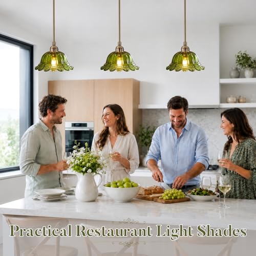 Image of 3 Pack Green Glass Lamp Shade Replacement, 7.87 inch Vintage Flower Art Blown Glass Lampshades E26 Base 1.65 inch Top Flower Shape Light Covers for Pendant Light, Wall Sconce, Floor, Table Lamps