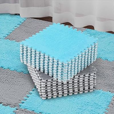 Flutesan 15 Pcs Plush Foam Floor Mat Square Interlocking Carpet Tiles with Border Fluffy Play Mat Floor Tiles Soft Climbing Area Rugs for Home Playroom, 12 x 12 x 0.4 Inch(Gray, Blue)