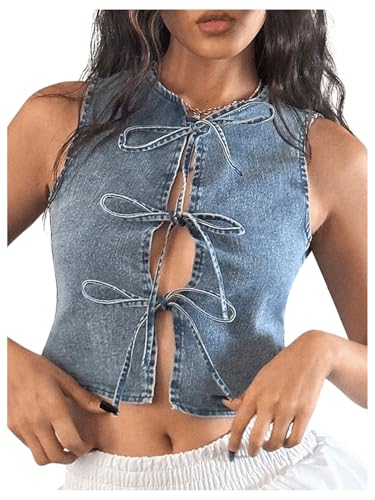 MakeMeChic Women's Tie Front Denim Vests Sleeveless Crew Neck Slim Fit Crop Tops