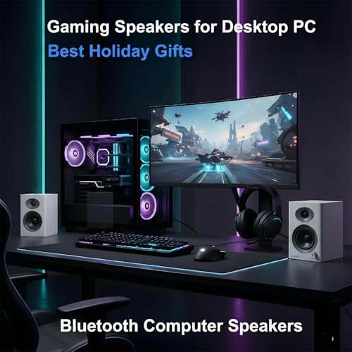 NL HOME 3-Inch Bluetooth 5.3 Computer Speakers for PC, Max 60W RMS Rich Stereo Sound with Good Bass & Clear Highs, Stable Aux/RCA Inputs, for Gaming, Home Office, Studio, White Pair