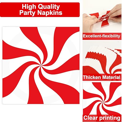 Image of 100Pcs Christmas Peppermint Paper Plates and Napkins Party Supplies Candy Cane Party Tableware Set Red and White Striped Christmas Winter Party Decor Favors for Holiday Xmas Theme Party Serves 25
