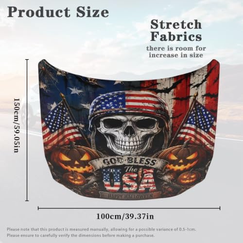 Image of Car Hood Cover Protector Waterproof Auto Hood Wrap Blankets Halloween Decorations Auto Patriotic Decorative Accessories for Sedans SUVs Pickup Trucks (American Flag Skull Design)