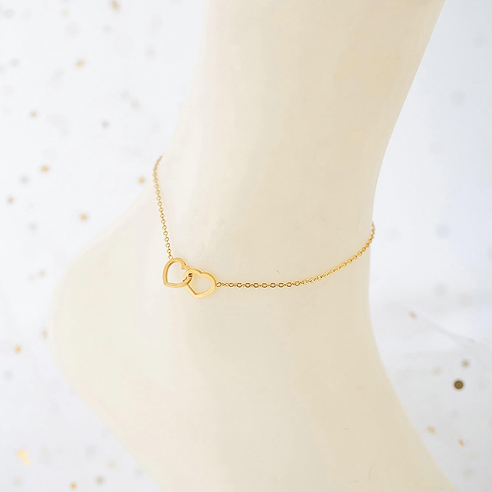 Cavigliera in oro giallo 18 carati Au750, 750, con doppio cuore, da donna, estiva, a piedi nudi, lunghezza 27 cm