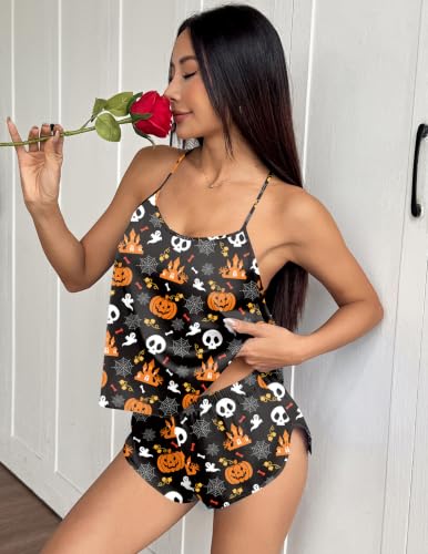 Image of Ekouaer Silk Pajamas Set for Women Satin Backless Lingerie Pjs Cami Top and Shorts Nightwear